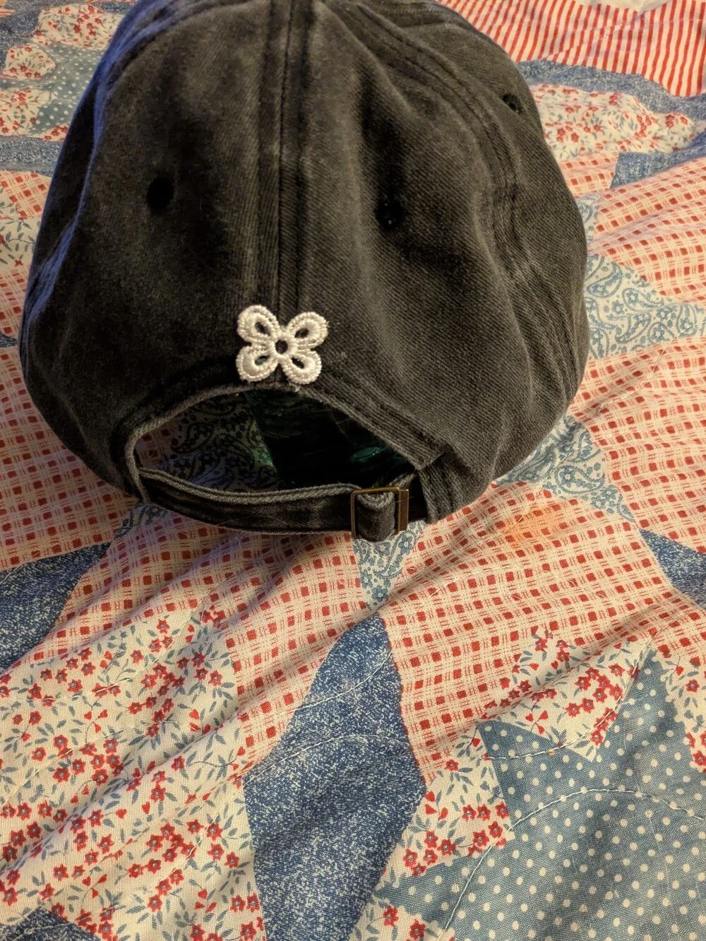 Hand Made Embellished Black Baseball Cap with Lace and Crochet Flower